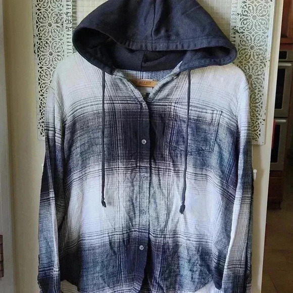 American Eagle Outfitters Hooded Button down Flannel Shirt black white - Picture 2 of 11